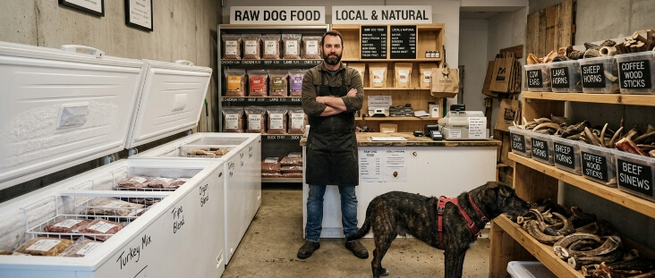 Shop owner standing in a raw pet food store with freezers of turkey mix, organ blend, and tripe, alongside shelves of natural chews like lamb horns, cow ears, and beef sinews.