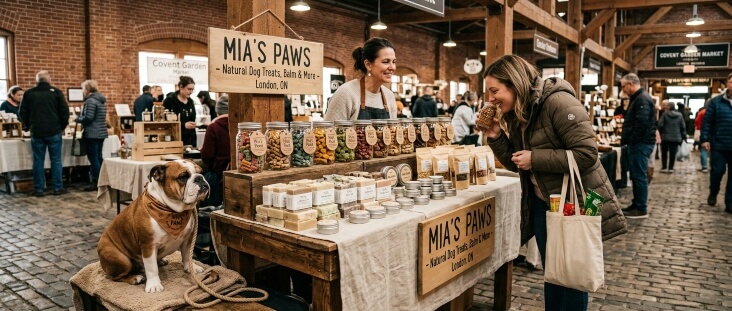 Vendor at the Mia's Paws stand chatting with a customer at London, Ontario's Covent Garden Market, with jars of natural dog treats and a bulldog mascot beside the table.