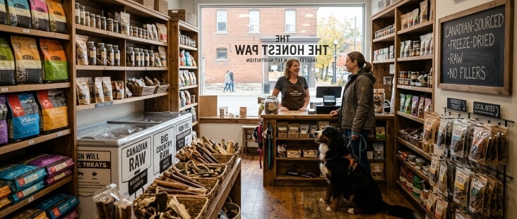 Dog owner and her Bernese Mountain Dog chatting with the shopkeeper inside The Honest Paw, a small-town pet store stocked with Canadian raw, freeze-dried, and filler-free treats.